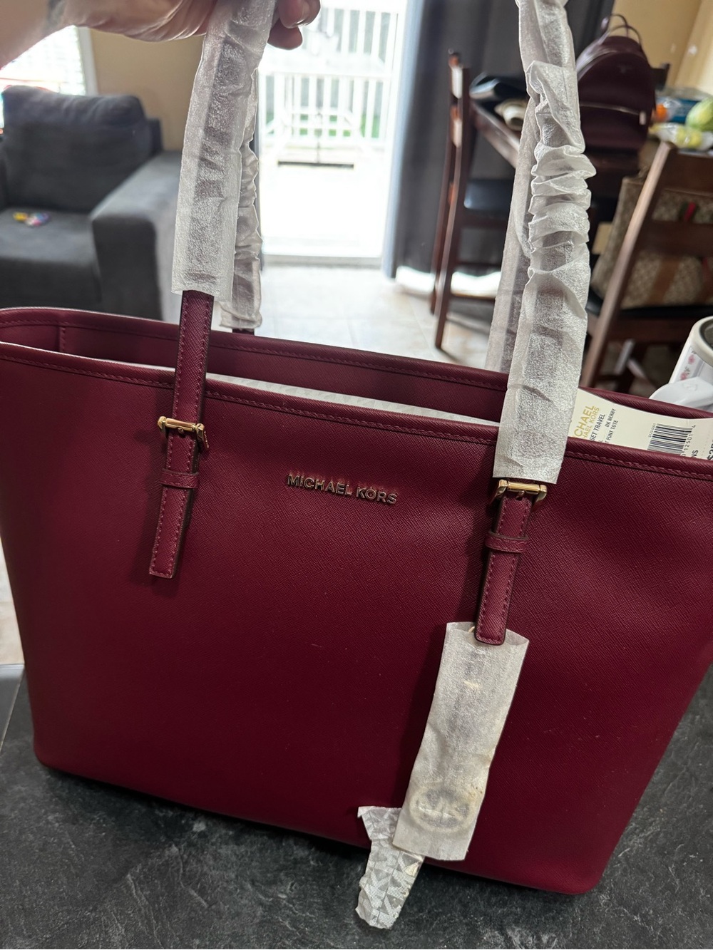 Michael Kors Saffiano Tote in Burgundy with Gold Accents